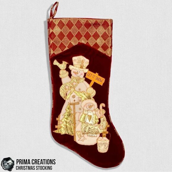 VINTAGE  CHRISTMAS STOCKING APPLIQUÉ SNOWMAN LET IT SNOW VELVET FELT IN RED GOLD - Picture 4 of 15